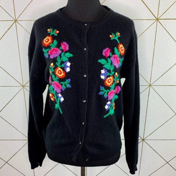 Cambridge Dry Goods Floral Embroidered Lambs Wool Cottagecore Cardigan